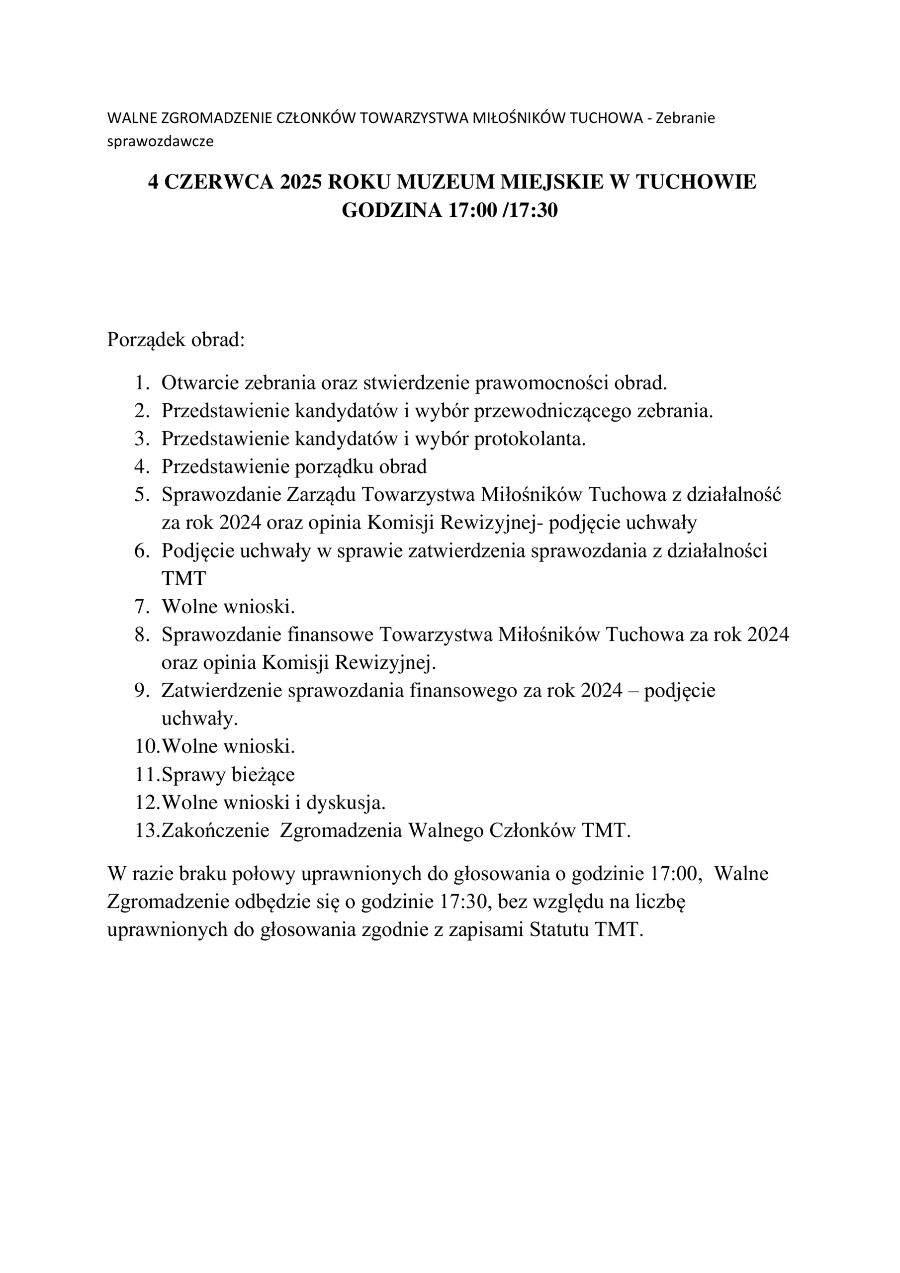 WALNE ZGROMADZENIE CZŁONKÓW TOWARZYSTWA MIŁOŚNIKÓW TUCHOWA